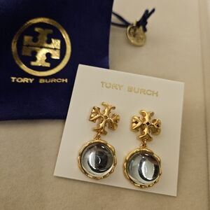 Tory Burch Gold Roxanne Collection Earrings With Clear Blue Drops